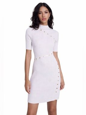 Maje White Ribbed Knit Clover Button Dress FR 36 US 4 NWT